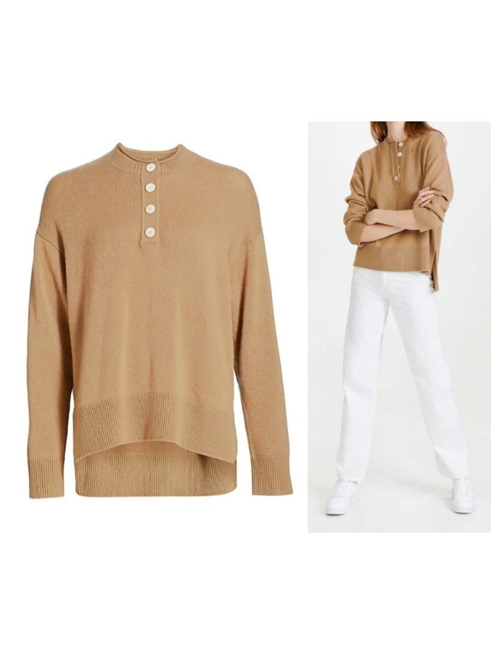 Theory Button Up 100% Cashmere Crew Neck Sweater in Beige Canvas Color Size S